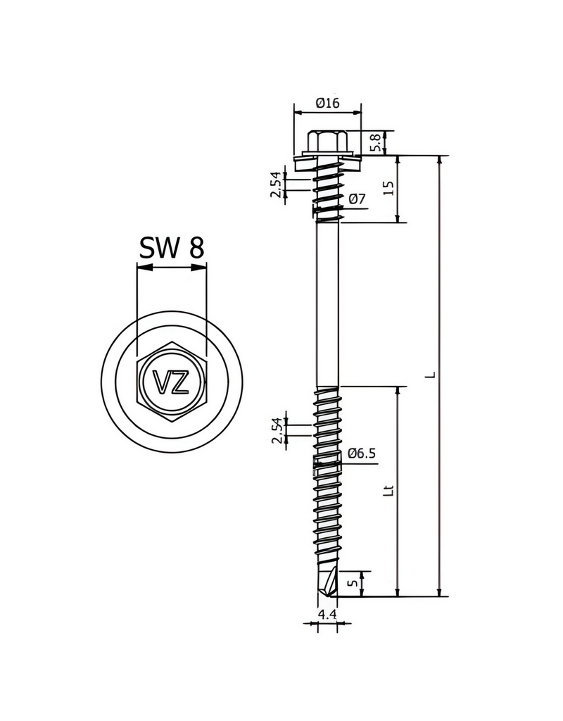 Paneelschroef  Verzinkt 6,5x165 mm, RAL 7016 100 Stuks