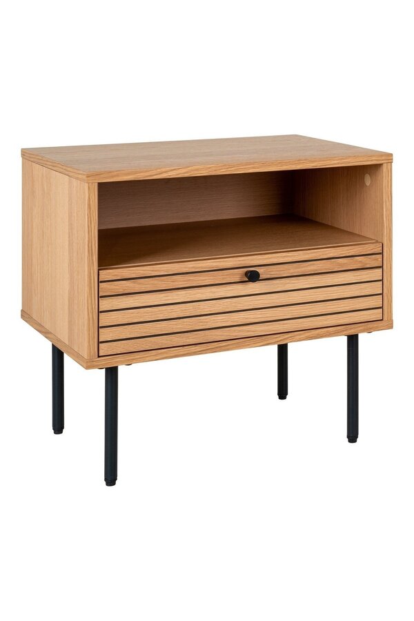 Kyoto Side Table - Table d'appoint, placage de chêne, pieds en métal noir, 1 tiroir, 50x40x50 cm