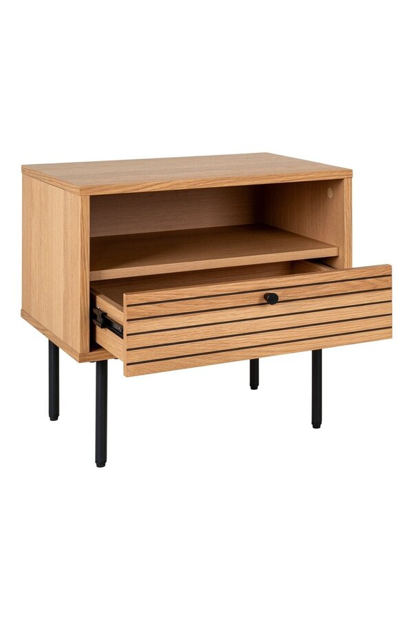 Kyoto Side Table - Table d'appoint, placage de chêne, pieds en métal noir, 1 tiroir, 50x40x50 cm