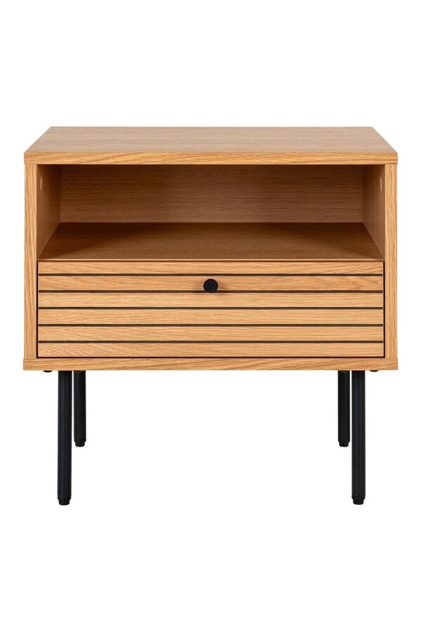 Kyoto Side Table - Table d'appoint, placage de chêne, pieds en métal noir, 1 tiroir, 50x40x50 cm