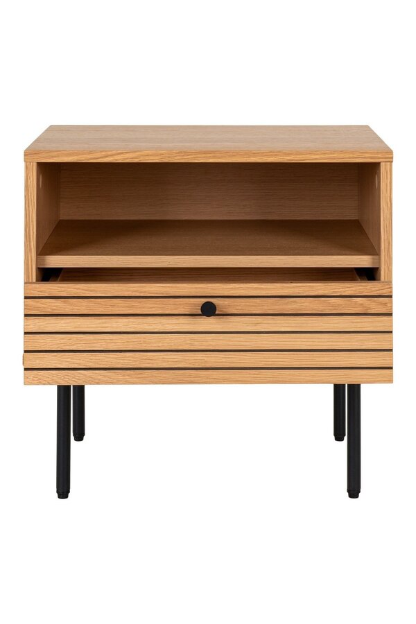 Kyoto Side Table - Table d'appoint, placage de chêne, pieds en métal noir, 1 tiroir, 50x40x50 cm