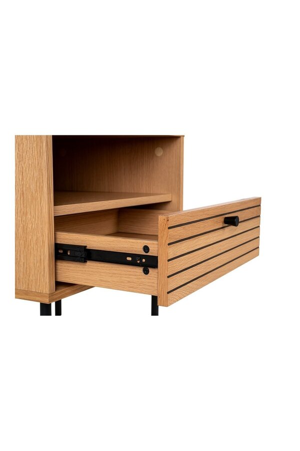 Kyoto Side Table - Table d'appoint, placage de chêne, pieds en métal noir, 1 tiroir, 50x40x50 cm