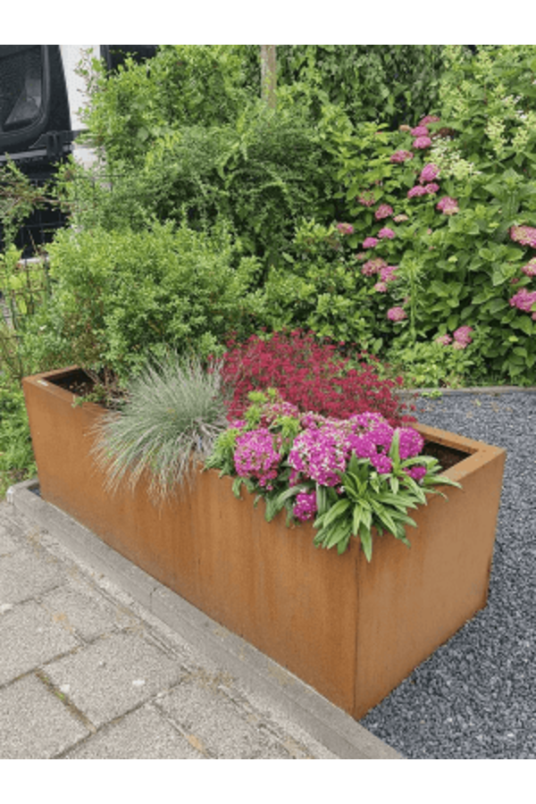 Dessus rectangulaire en acier Corten avec pieds bas