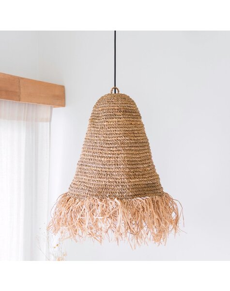 Raffia Boho Lampenkap – Hanglamp – Hanglamp – Handgeweven Plafondlamp met Lange Franjes (3 maten Ø 30/40/50 cm) KALIMA