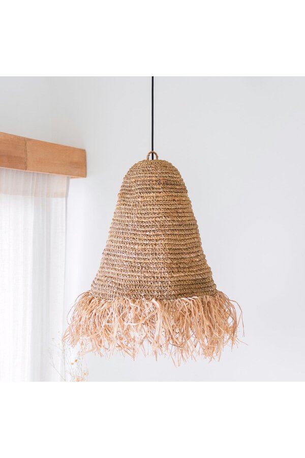 Raffia Boho Lampenkap – Hanglamp – Hanglamp – Handgeweven Plafondlamp met Lange Franjes (3 maten Ø 30/40/50 cm) KALIMA
