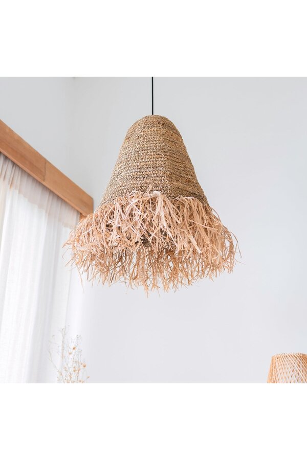 Raffia Boho Lampenkap – Hanglamp – Hanglamp – Handgeweven Plafondlamp met Lange Franjes (3 maten Ø 30/40/50 cm) KALIMA
