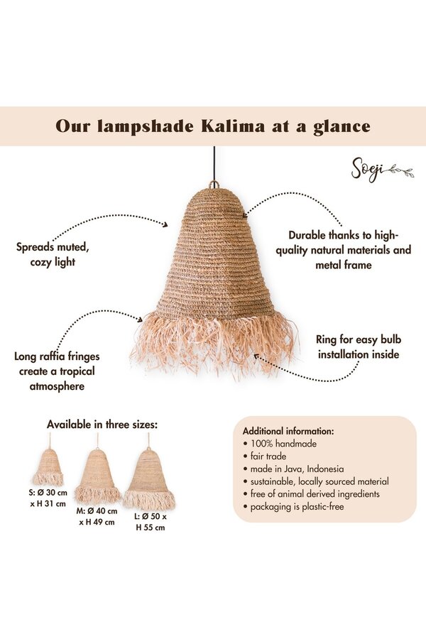 Raffia Boho Lampenkap – Hanglamp – Hanglamp – Handgeweven Plafondlamp met Lange Franjes (3 maten Ø 30/40/50 cm) KALIMA