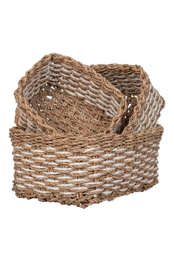 Pala Basket - Panier, jonc de mer/papier, naturel/blanc, lot de 3