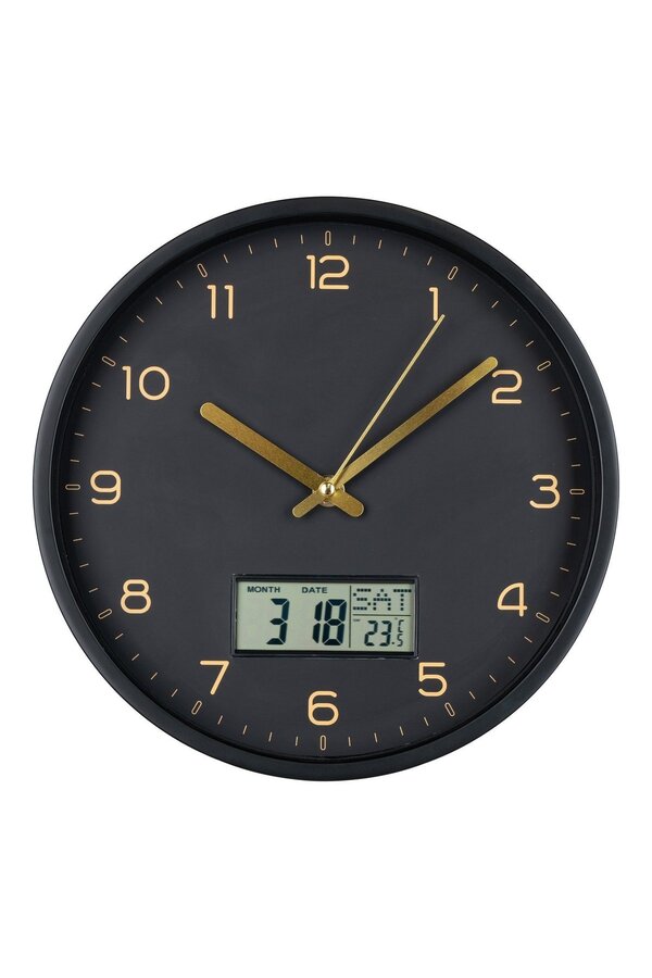 Amiens Wandklok - Zwart, Kunststof, Glas, LCD, Ø25cm