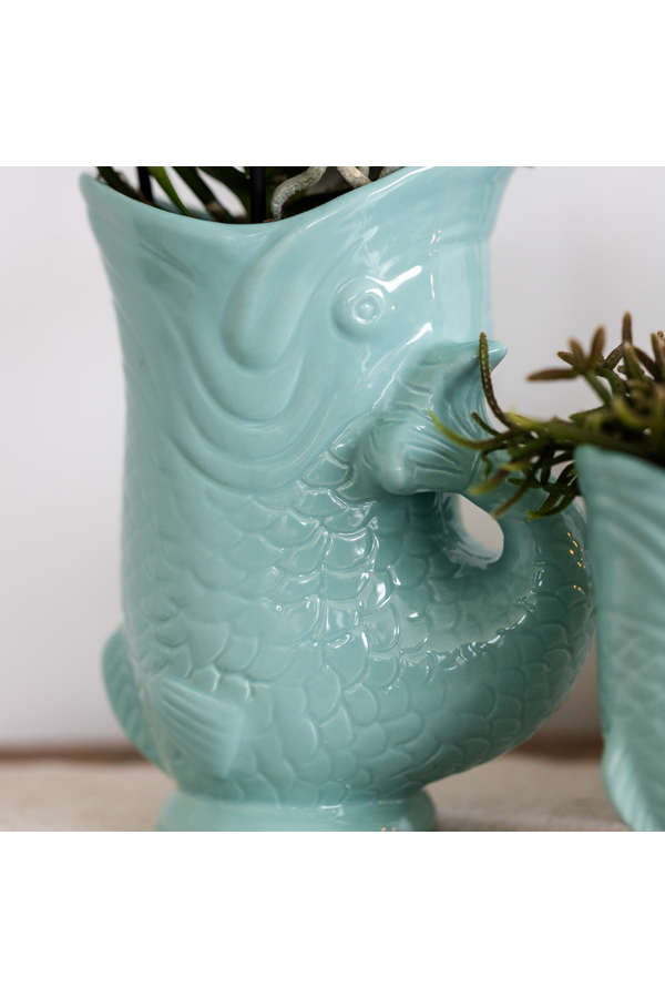 Kolibri-Orchideen | Pflanzenset Fisch Türkis | Set mit weißer Phalaenopsis-Orchidee Amabilis Ø9cm und grüner Pflanze Sukkulente Crassula Hobbit Ø6cm | inkl. türkisfarbenen Keramik-Dekotöpfen