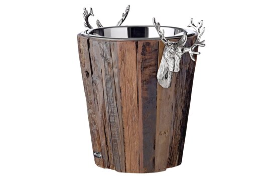 EDZARD champagnekoeler Milwaukee met 2 hertenkoppen, teakhout, roestvrij staal glanzend vernikkeld, hoogte 30 cm