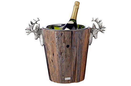 EDZARD champagnekoeler Milwaukee met 2 hertenkoppen, teakhout, roestvrij staal glanzend vernikkeld, hoogte 30 cm