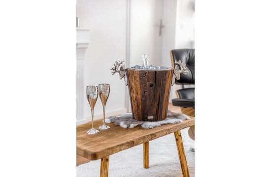 EDZARD champagnekoeler Milwaukee met 2 hertenkoppen, teakhout, roestvrij staal glanzend vernikkeld, hoogte 30 cm