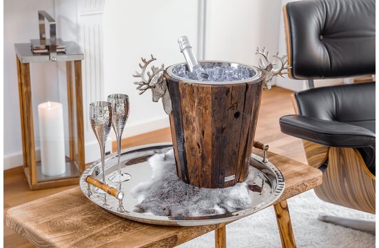 EDZARD champagnekoeler Milwaukee met 2 hertenkoppen, teakhout, roestvrij staal glanzend vernikkeld, hoogte 30 cm