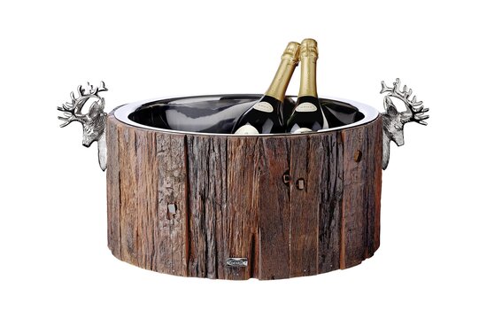 EDZARD champagnekoeler Kennington, 2 hertenkoppen, hout, roestvrij staal glanzend vernikkeld, ø 46,5 cm, H 23,5 cm, 11 kg