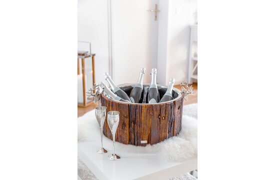EDZARD champagnekoeler Kennington, 2 hertenkoppen, hout, roestvrij staal glanzend vernikkeld, ø 46,5 cm, H 23,5 cm, 11 kg