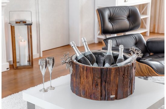 EDZARD champagnekoeler Kennington, 2 hertenkoppen, hout, roestvrij staal glanzend vernikkeld, ø 46,5 cm, H 23,5 cm, 11 kg