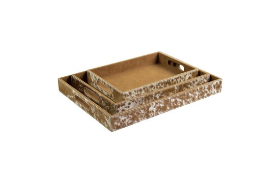 Dienbladen koehuid rechthoek bruin/wit (set of 3)
