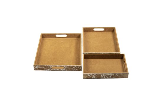 Dienbladen koehuid rechthoek bruin/wit (set of 3)