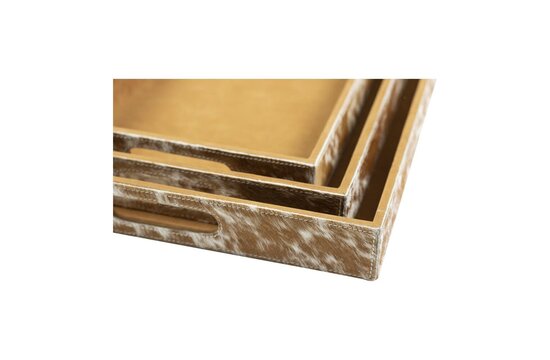 Dienbladen koehuid rechthoek bruin/wit (set of 3)