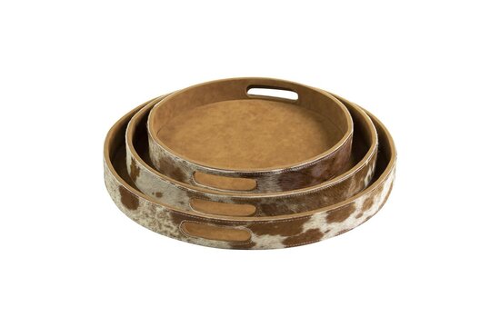 Dienbladen koehuid rond bruin/wit (set of 3)