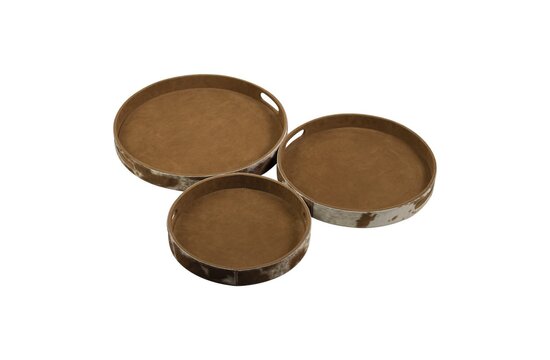 Dienbladen koehuid rond bruin/wit (set of 3)