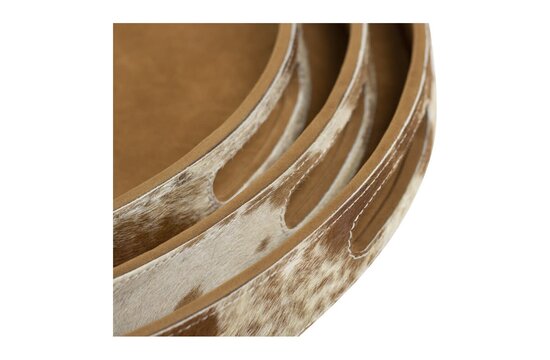 Dienbladen koehuid rond bruin/wit (set of 3)