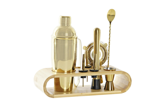 COCKTAILSHAKER + TOEBEHOREN SET VAN 9 STUKS BAMBOE & INOX 9X9X25 750ML