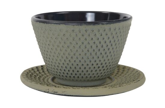 Teacup 12cl + round plate Arare, grijsgroen