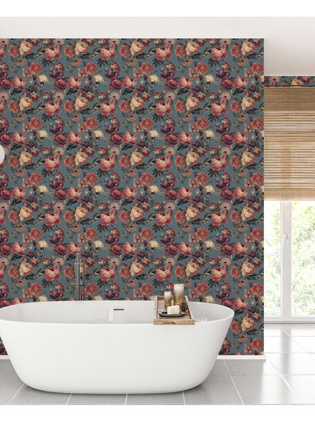 Peony Blue Bathroom Wallpaper