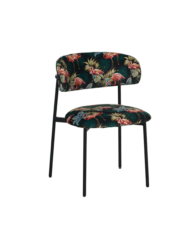 Damn LABEL51 Eetkamerstoel Ferry - Printed Flamingo - Fluweel - Zwart Metalen Frame