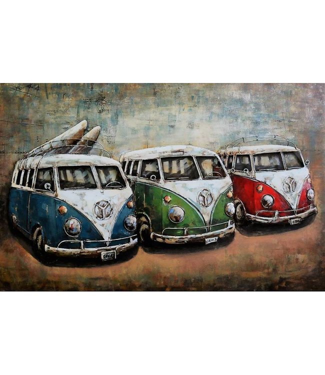 3D Art VW busjes - The oldtimers - Metalen 3D schilderij