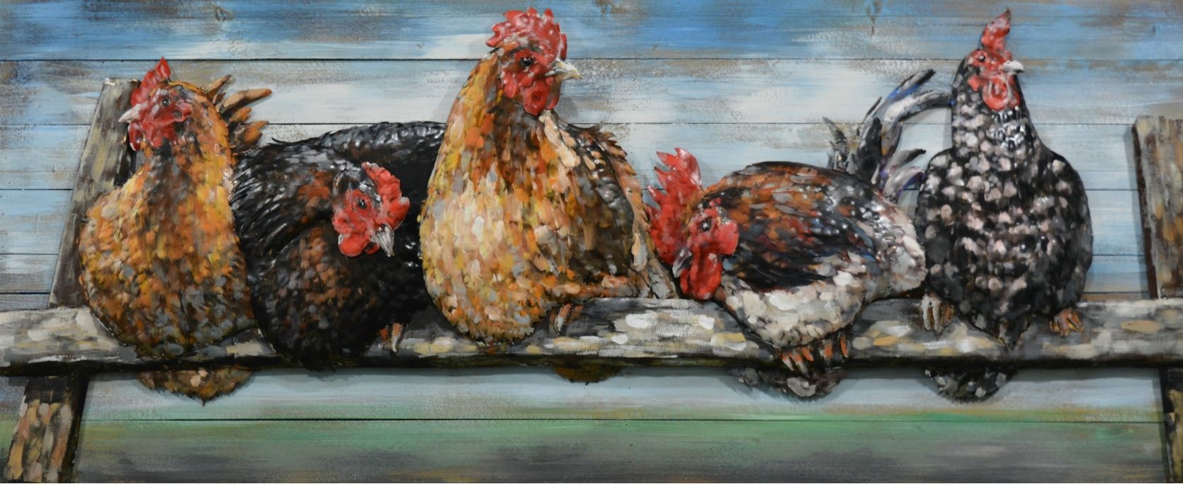 Met de kippen op stok Metaal 3D schilderij De Woonhoek