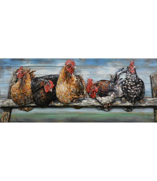 Metalen 3D schilderij - Met de kippen op stok