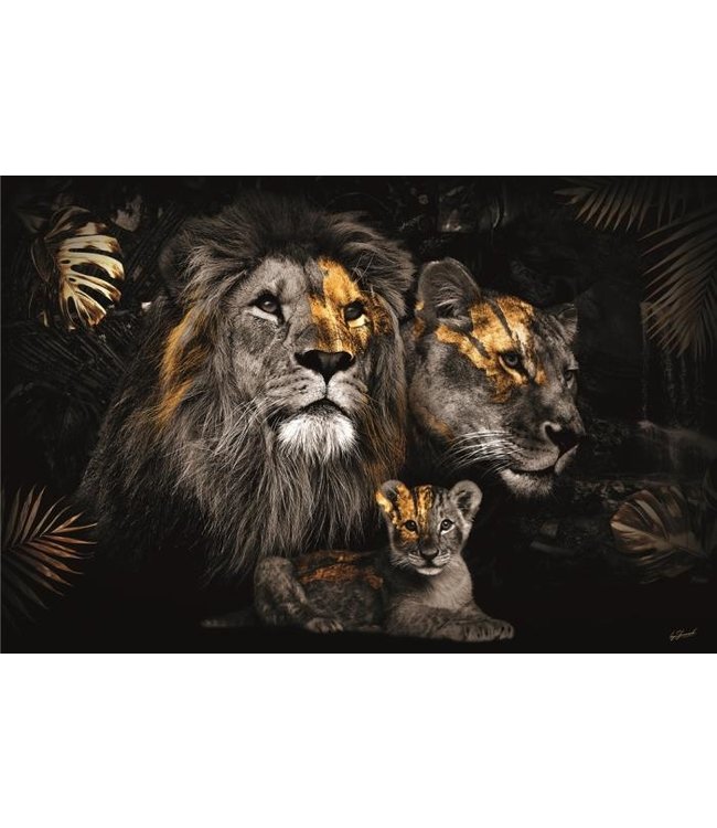 Glasschilderij - De gouden leeuwen familie
