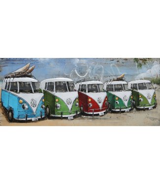 3D Art Vijf VW busjes - Metalen 3D schilderij