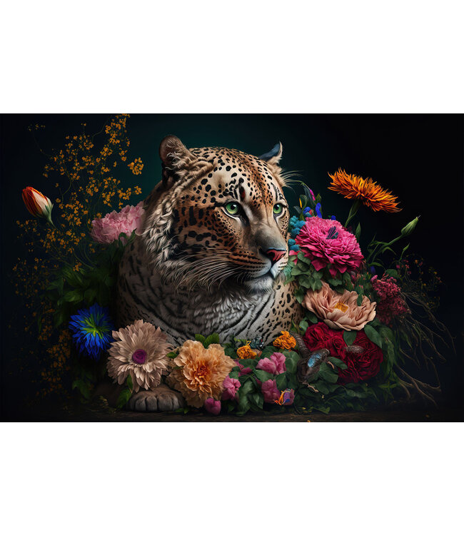 Glasschilderij - Panter met bloemen