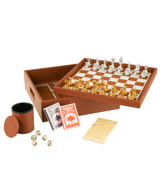J-Line Box Card Game/Chess Game Fake Leather Cognac