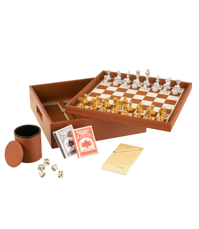 Box Card Game/Chess Game Fake Leather Cognac