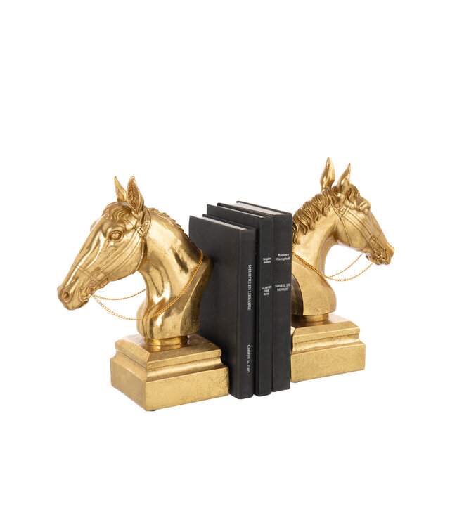 Set Of 2 Bookend On Base Horse Head Polyresin Gold Colored