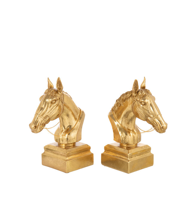 Set Of 2 Bookend On Base Horse Head Polyresin Gold Colored