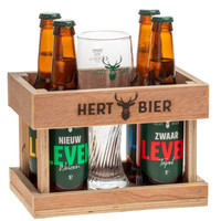 Hert bier Houten kratje met 4 flesjes + glas