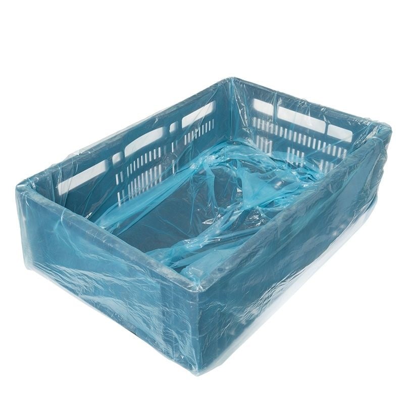 MDPE crate bag 20my blue on pipes format  80/2 x 20 x 70 cm