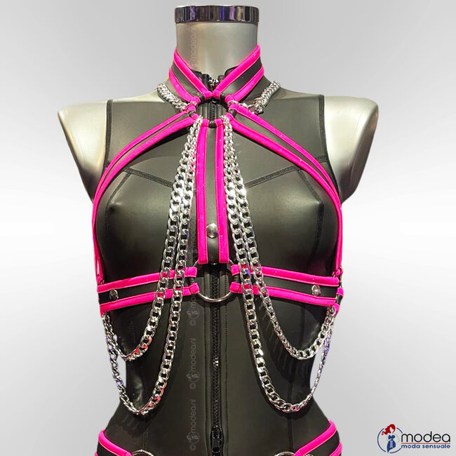 Neoprene Harness Top Fluo Pink with silver chains