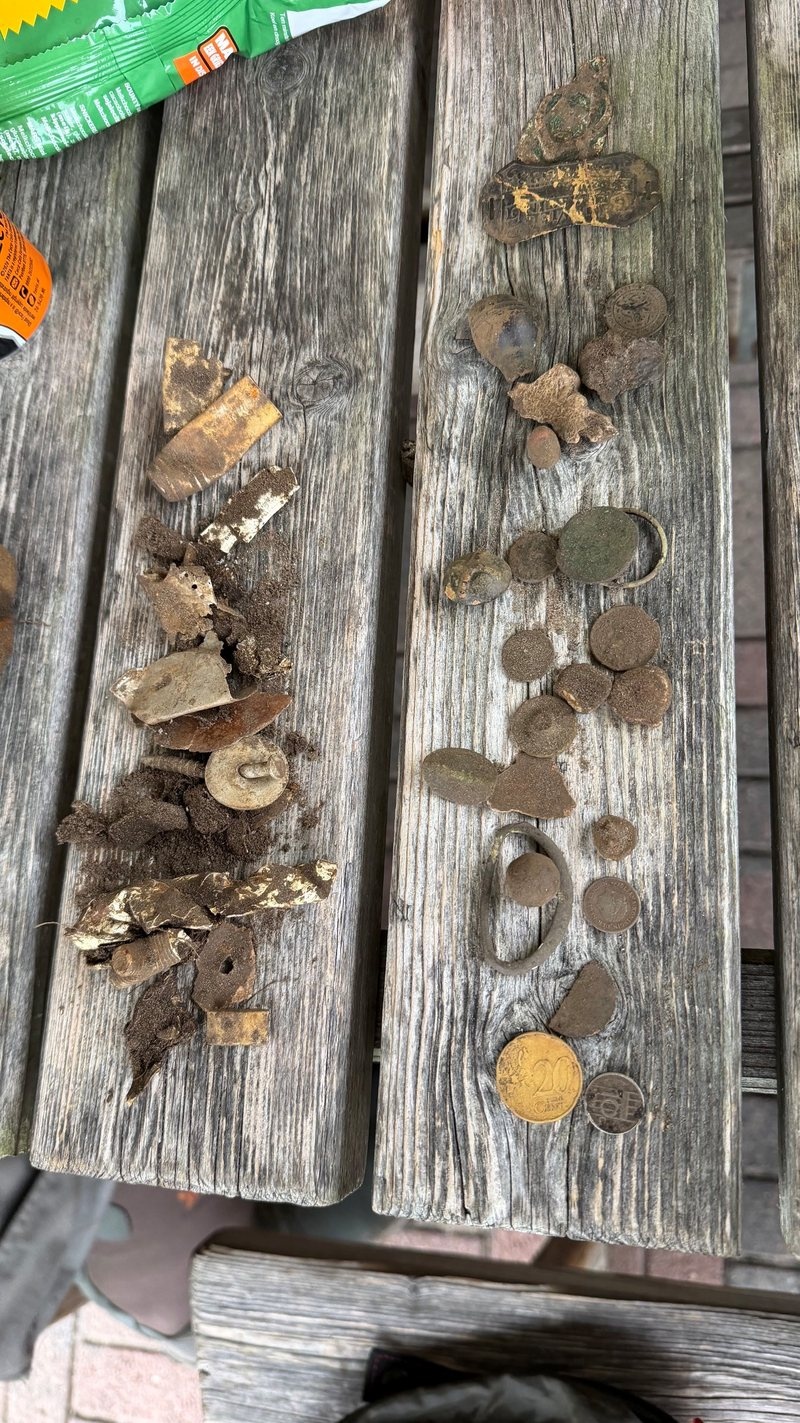 Ochtendvondsten van de zoekdag met de XP ICON X, nog vol aarde uitgestald op een houten tafel