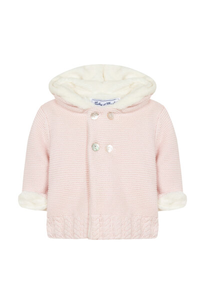 gebreid babyjasje katoen met teddy - roze