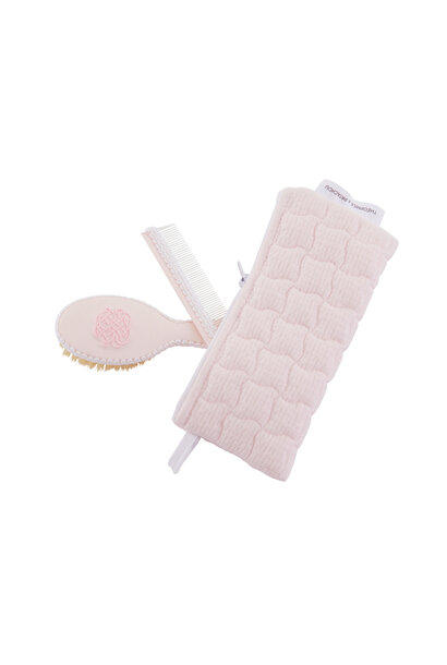 Cotton Pink borstel en kam geborduurd + zakje