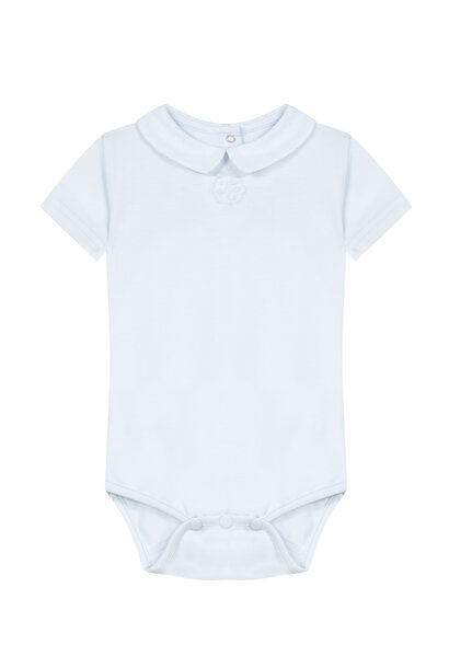babyromper met linnen kraagje en borduur - blauw