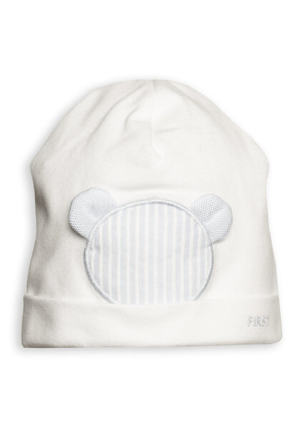 babymutsje met beertje - wit/blauw