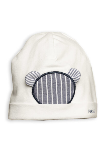 babymutsje met beertje gestreept - wit/blauw
